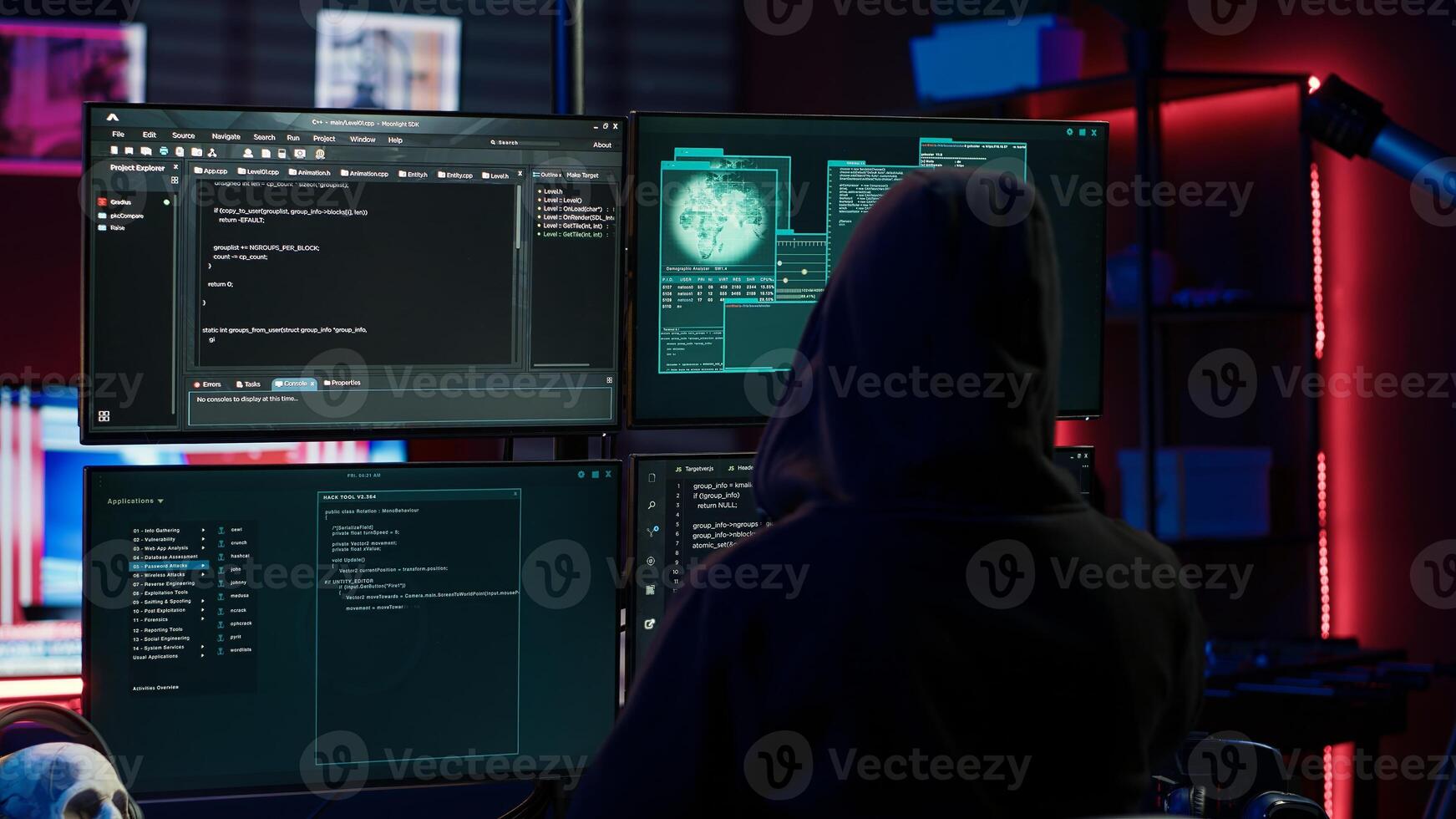 Experienced hacker writing lines of code on computer from underground bunker, tying to get past security systems. Rogue programmer building scripts that can hack devices, camera A photo
