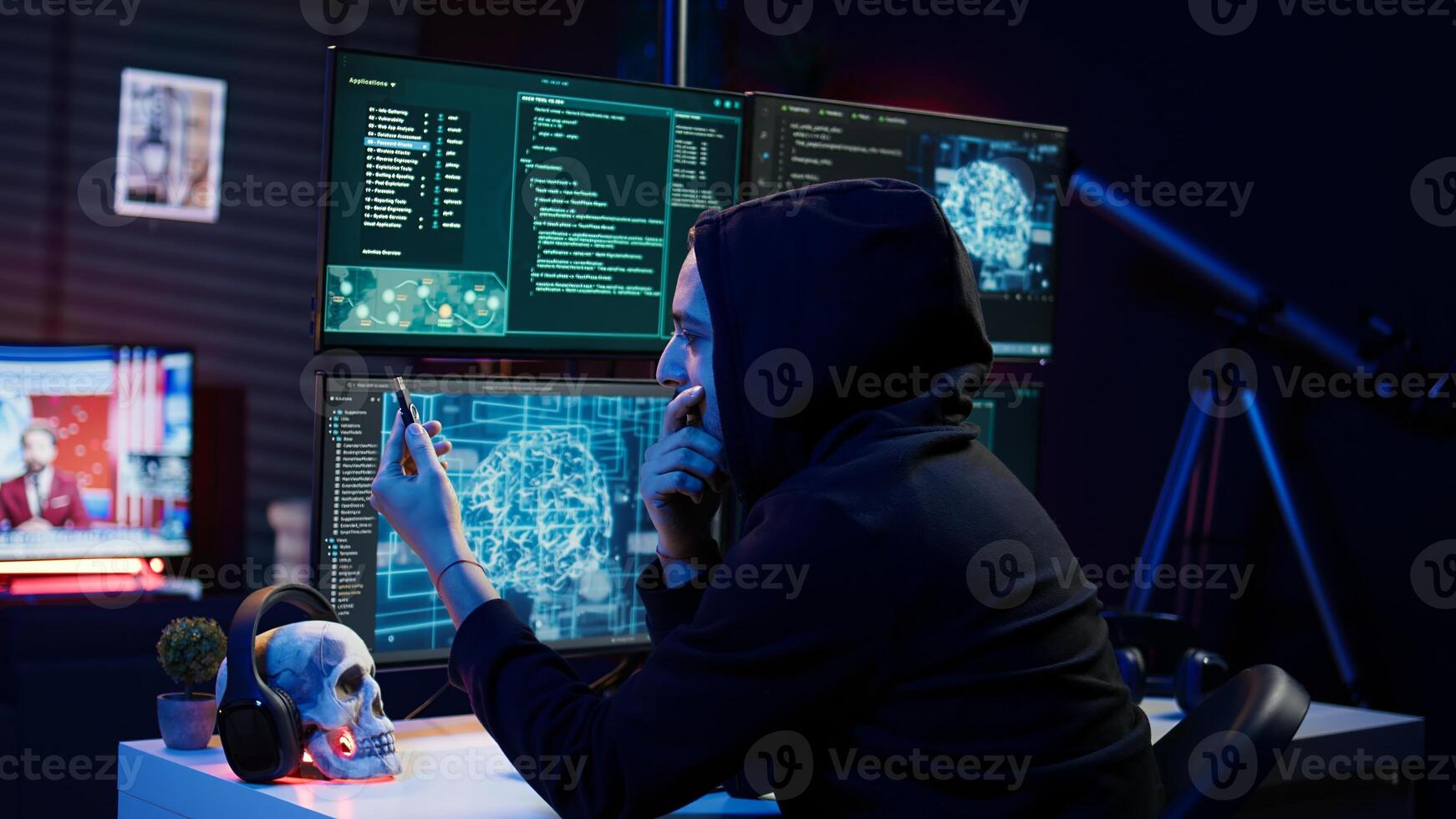 Hacker inserting USB in computer after managing to steal sensitive data, close up. Scammer uploading storage drive into PC after obtaining sensitive information from users using malware, camera B photo