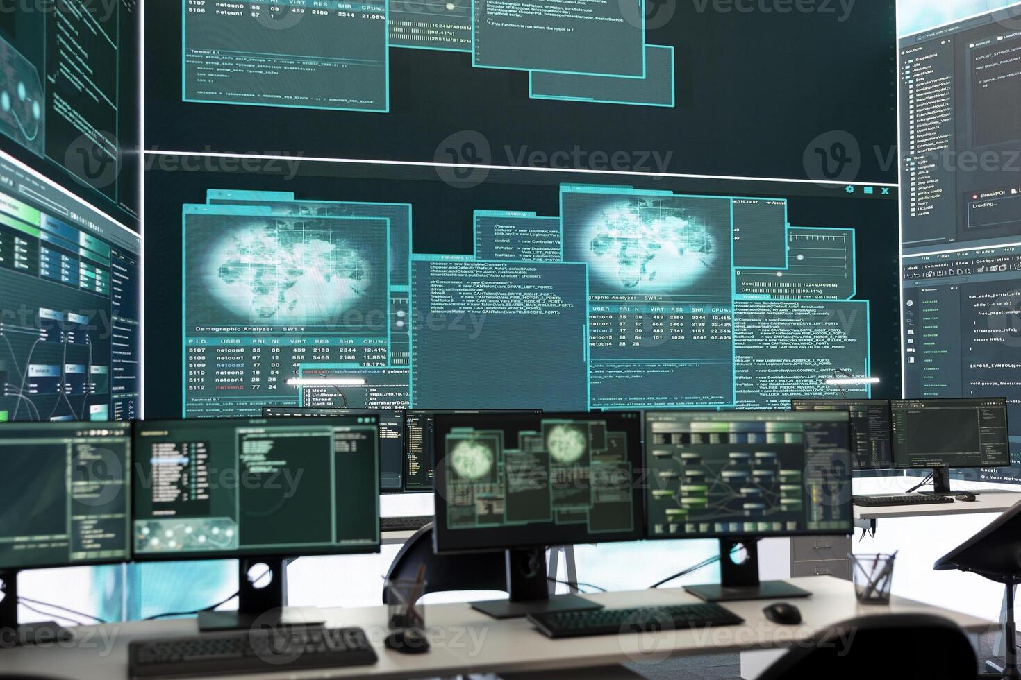 Empty governmental cyber defense and surveillance room equipped with cutting edge advanced technology. Ensuring safety from cyber attacks and digital threats with cyber security measures. photo
