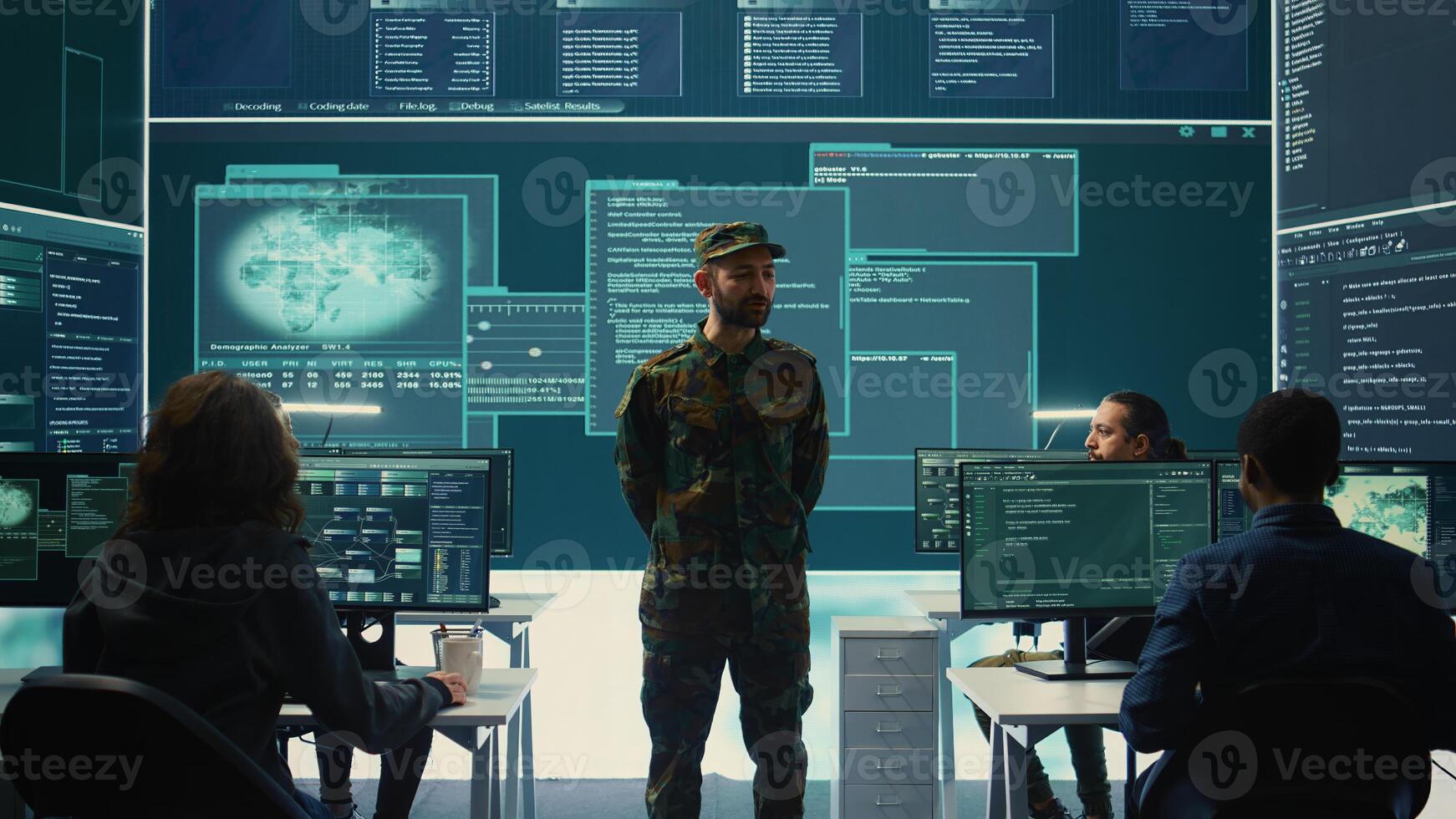 Government military hackers engaged in hybrid warfare strategies. Using sophisticated software and technology to secure information, prevent breaches and protect military operations. Camera B. photo