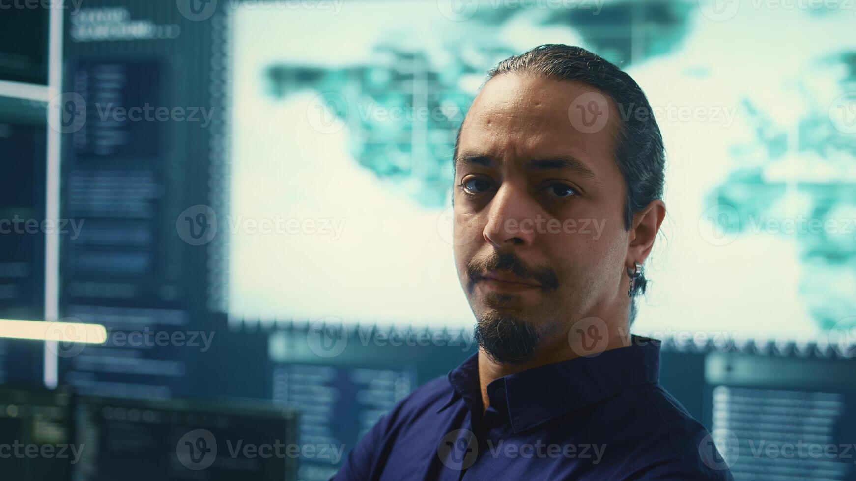 Cybersecurity team investigating cybercrime and malware attacks. IT security experts analyzing threats and protecting national security, working on data protection and privacy. Cyberwarfare. Camera B. photo