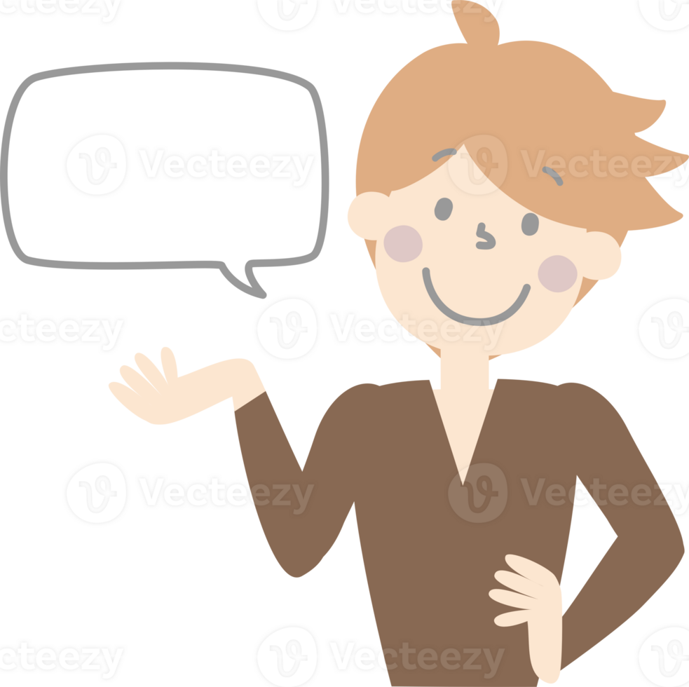 collection set of cute doodle hand draw facial expression speech bubble balloon with boy man character, text box think speak talk banner png