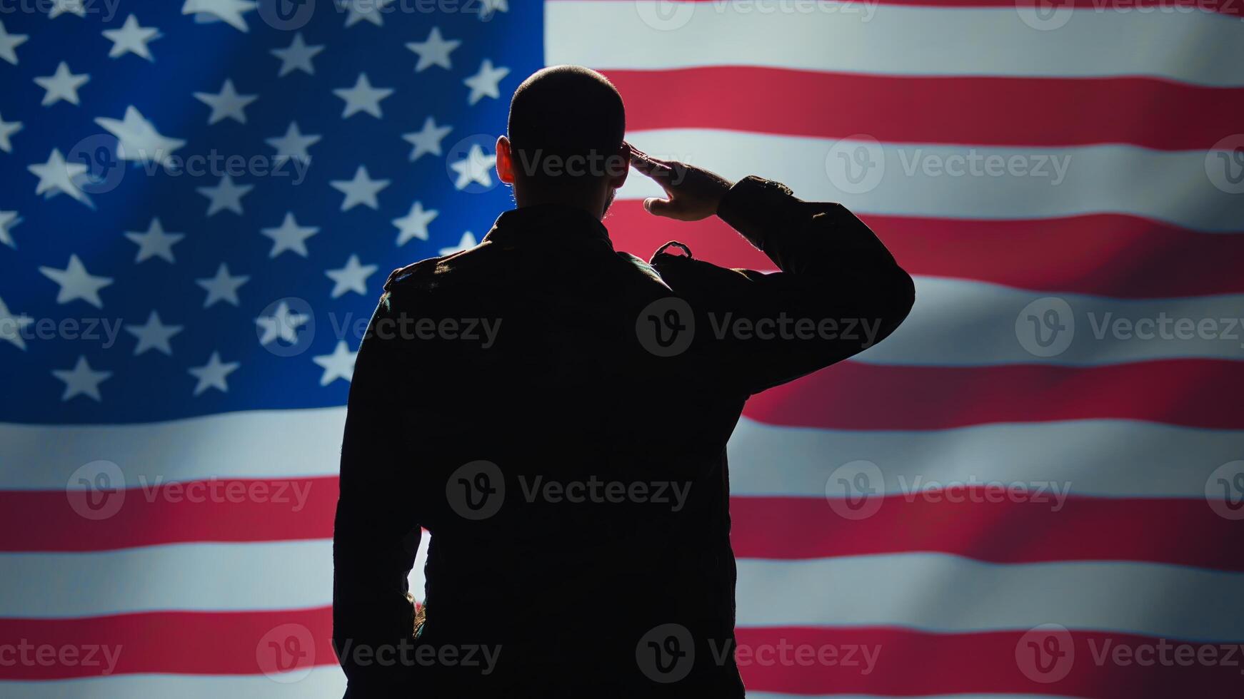 American soldier doing saluting hand gesture towards USA flag in command center, showing respect. Military unit in uniform serving in United States Armed Forces, doing patriotic gesturing, camera B photo