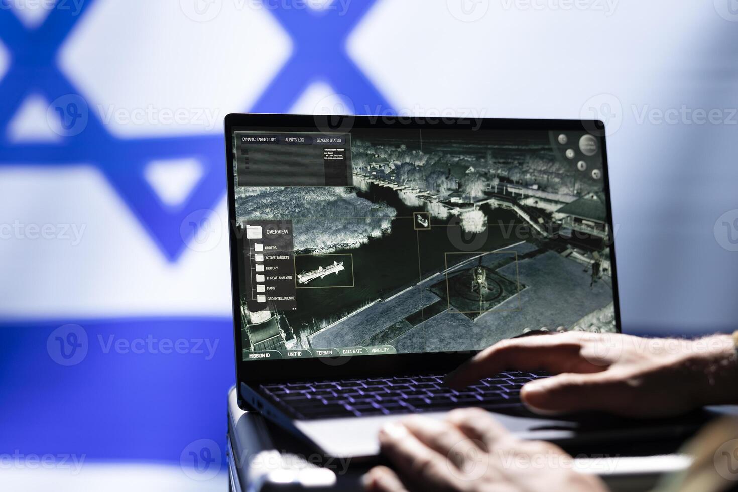 Israeli air defense early warning systems operator monitoring incoming enemy aerial attacks. Close up shot of Mossad agent maintaining air space superiority with radar equipment photo