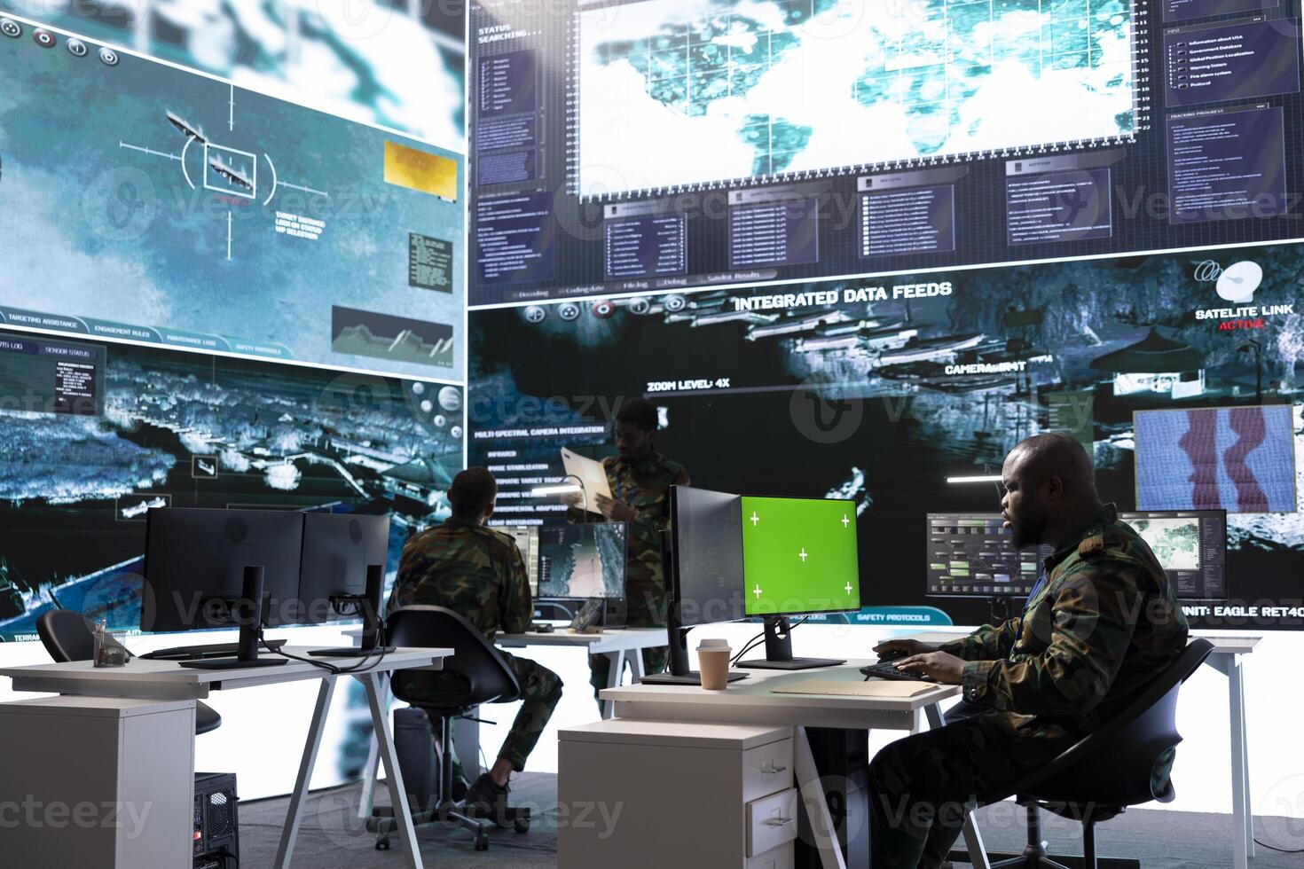 IT expert collecting real time information next to isolated chroma key screen, high tech military gear in command post. Soldier processing intelligence for field operations and strategic missions. photo