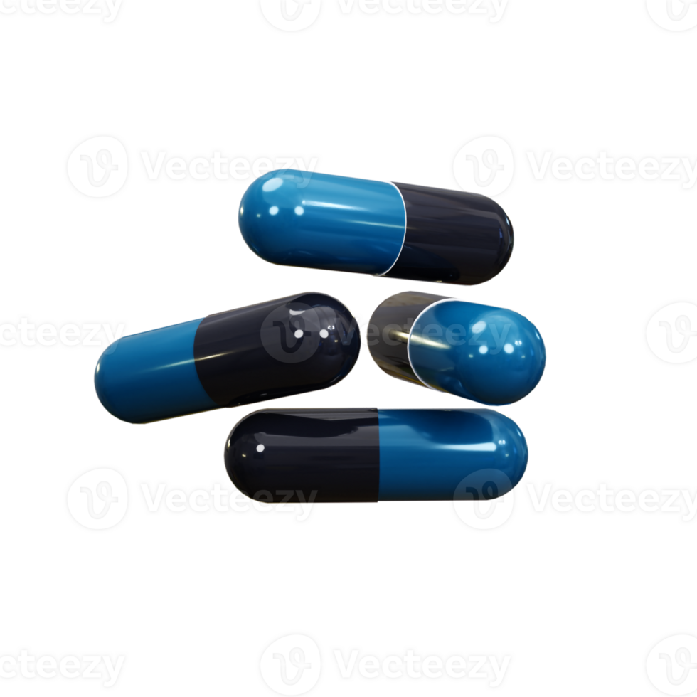 Blue and black color Medicine pills capsule stack 3D rendered with transparent background png