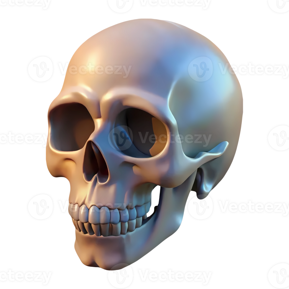 3d Human skull isolated on background. Shiny chrome reflecting metal 3d render design element png