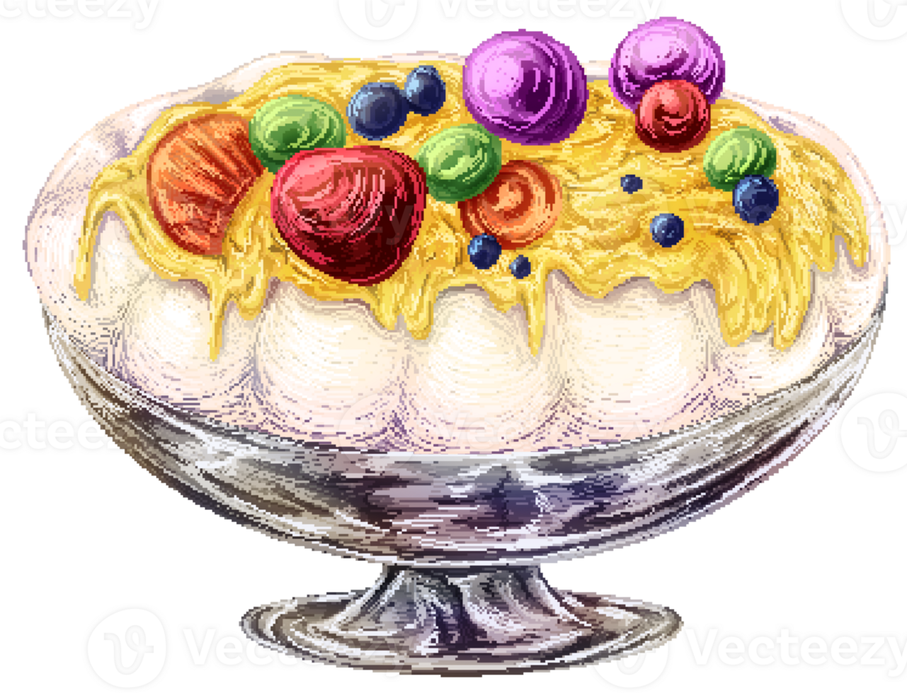 Pavlova with multi fruit on top in pixel art style png