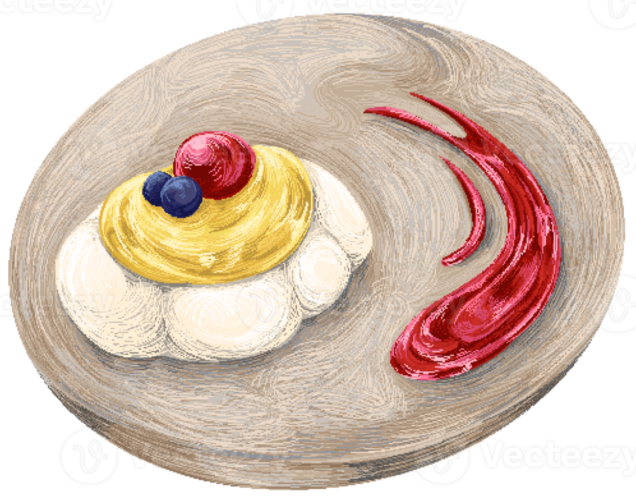 Pavlova on plate with red jam in pixel art style png