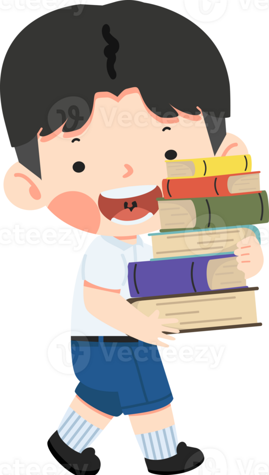 boy holding stack of school books png