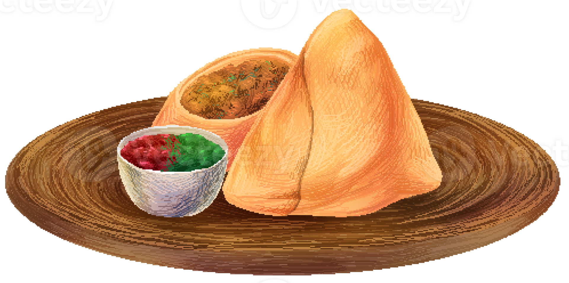 Two Samosa on wooden plate with sauce in pixel art style png