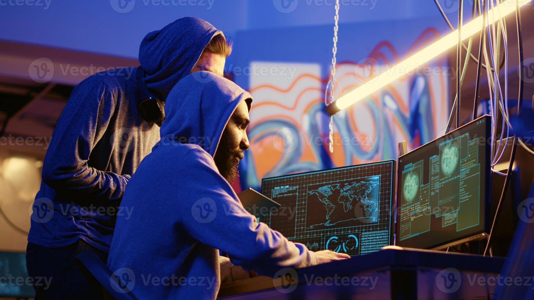 Hackers failing to infiltrate another country government security systems in international espionage effort. Secret agents attacking servers in digital warfare, getting rejected by firewall photo