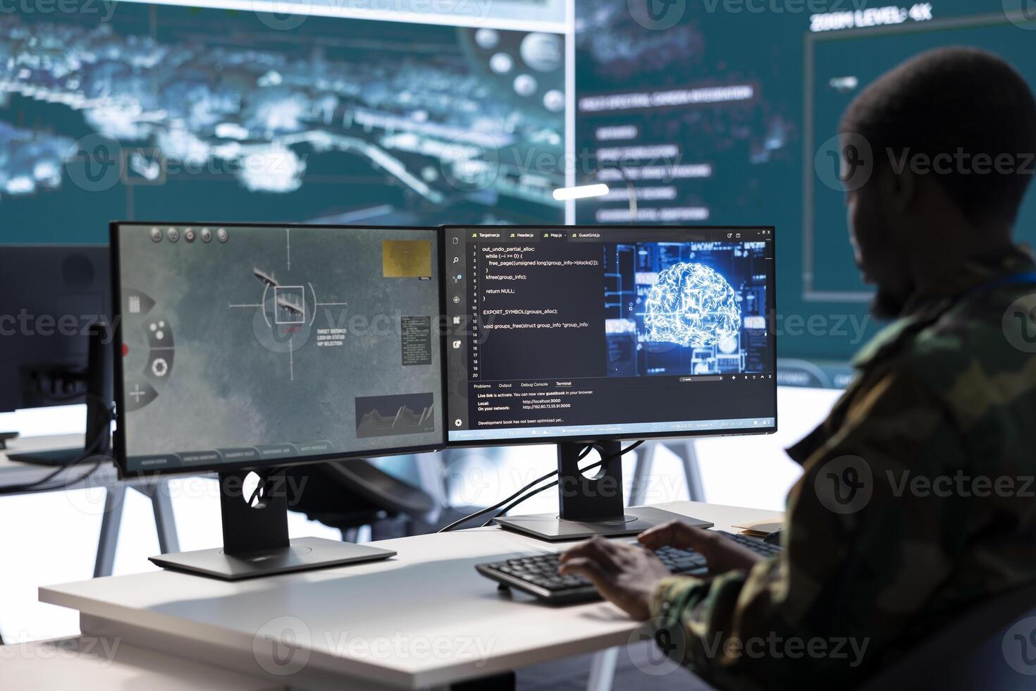 Soldier working with AI intelligence on pc in control room, processing live data on cctv satellite systems. Surveillance efforts to support field missions and defense operations, national security. photo
