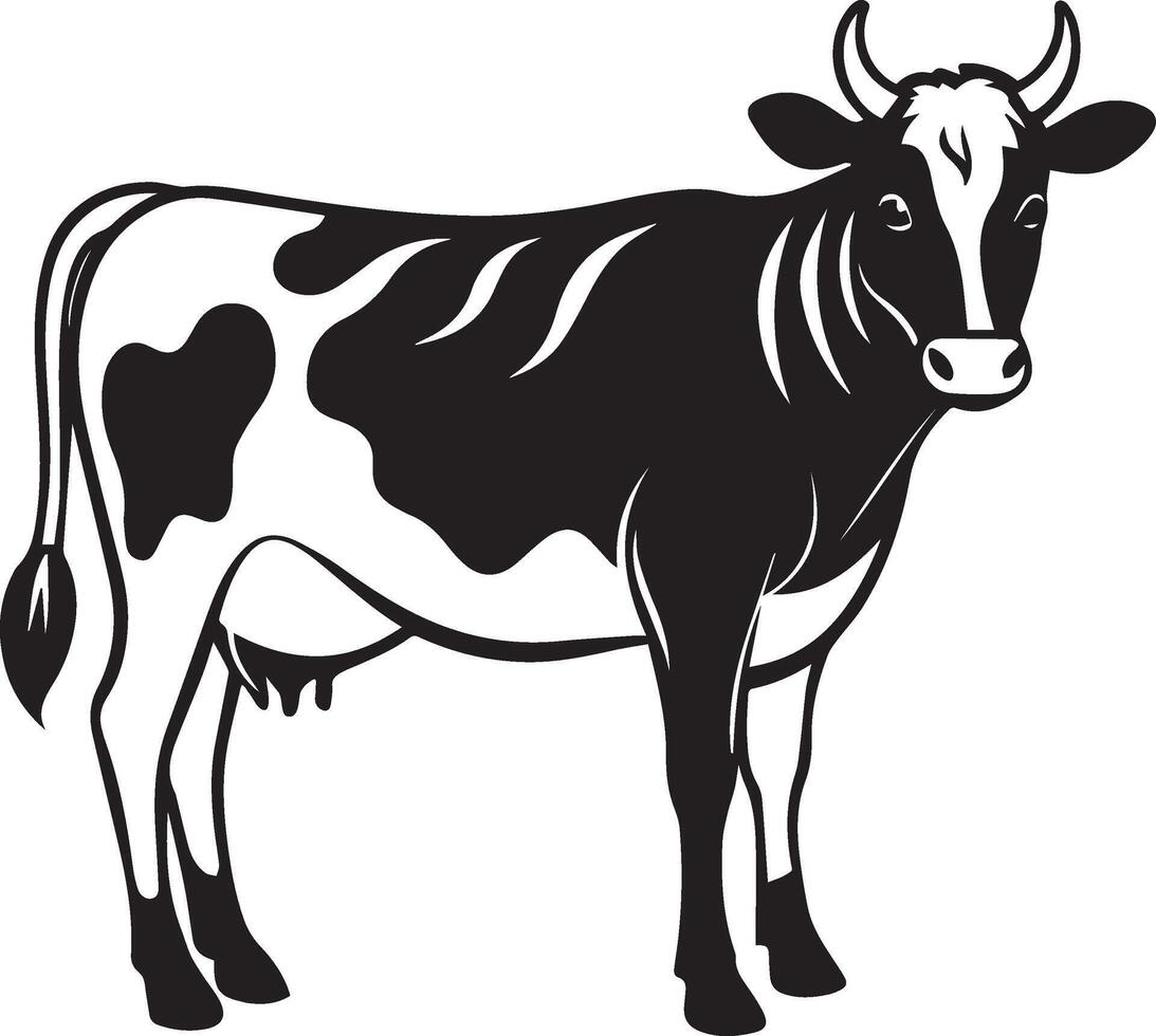 a black and white cow standing in front of a white background vector
