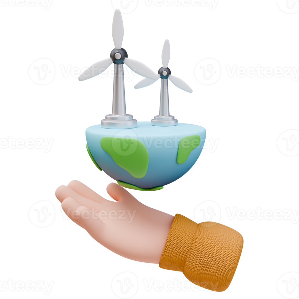 3D Render Icon Hand Holding Planet with Wind Turbine. Ecology Green Energy Environment Concept. 3D Illustration Design Web Mobile App png