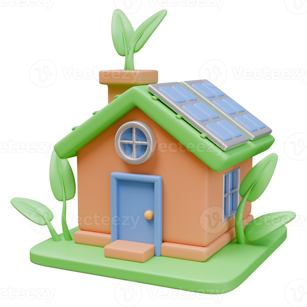 3D Render Icon Eco House with Solar Panel and Plants. Ecology Green Energy Environment Concept. 3D Illustration Design Web Mobile App png