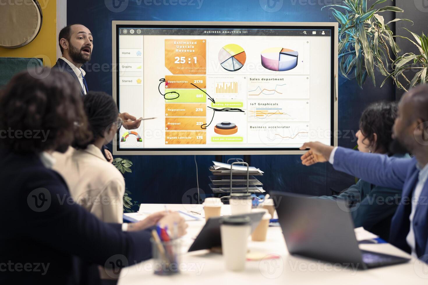 Financial manager explaining his ideas to increase business profit, staff members evaluating market trends to create a strategy for global expansion. Accounting group explore possibilities. photo