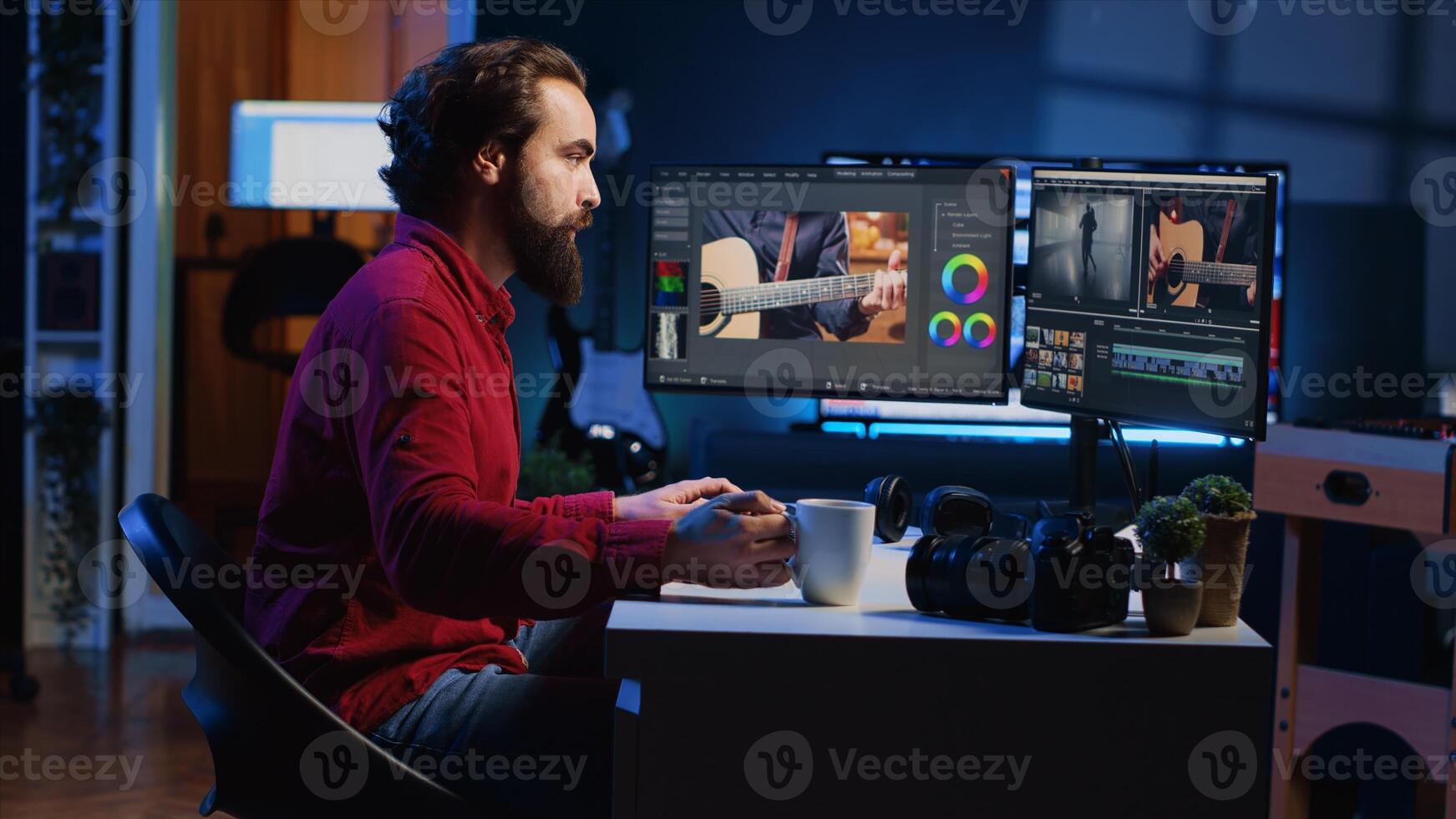 editor starting work on film montage, using specialized software applications on PC. Freelancer arriving in personal studio with cup of coffee, preparing to cut project footage photo