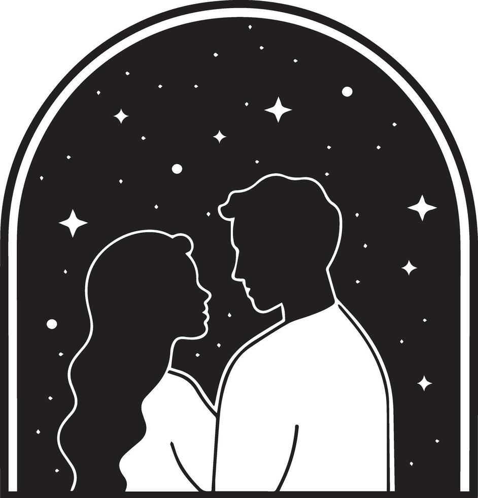 a man and woman are looking at each other in a window vector