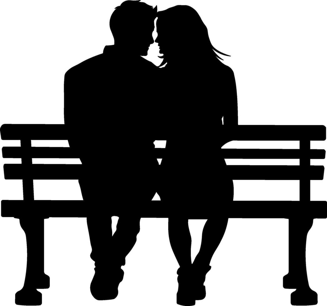 black silhouette of a couple in love sitting on a bench without background vector