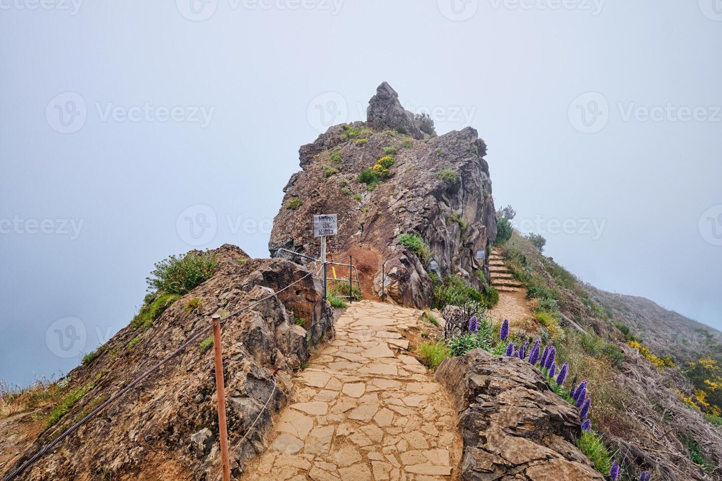 The hiking trail between Pico de Arieiro and Pico Ruivo in clouds, Madeira, Portugal photo