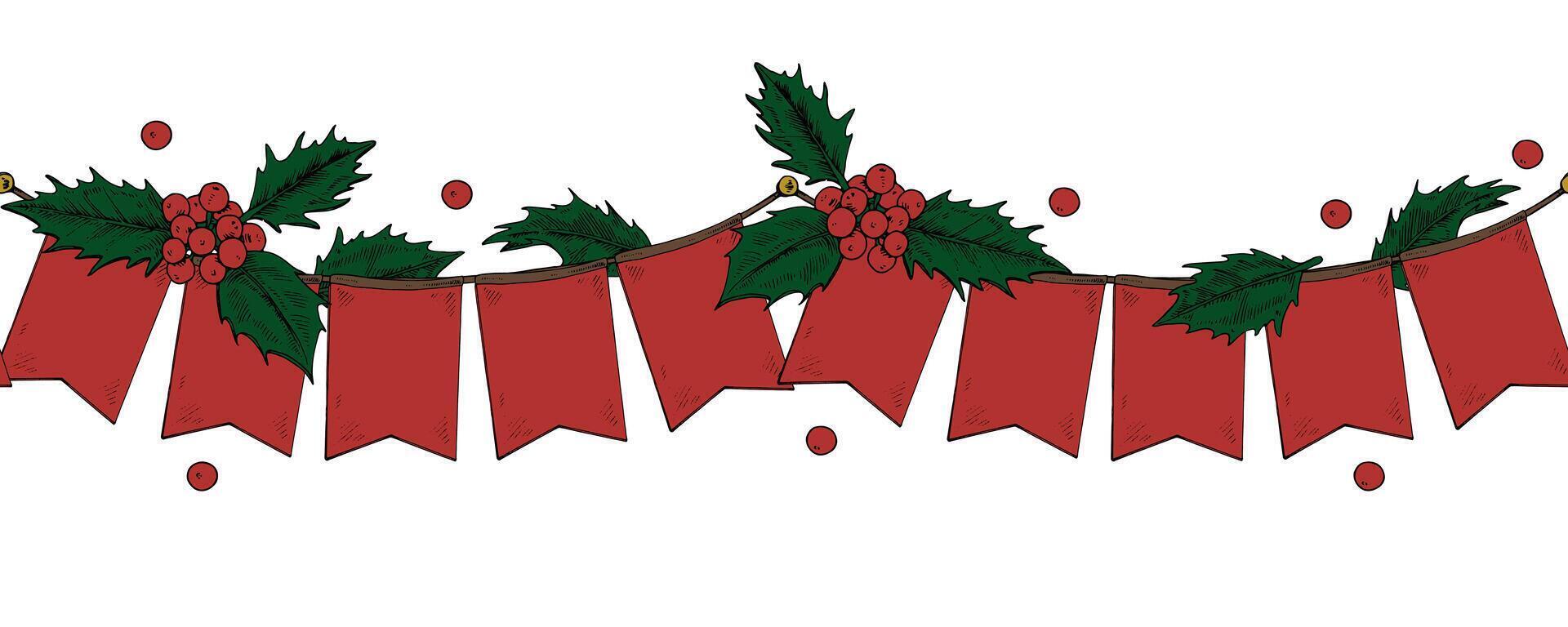 Detailed Christmas garland illustration with a vintage twist. The red and green festive elements bring warmth and tradition to holiday decor, capturing the essence of the season's celebration vector