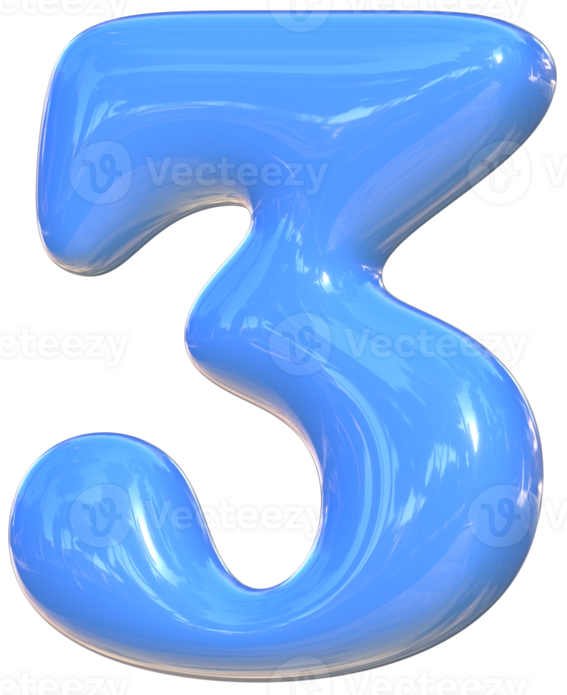 Three 3 cute 3D number alphabet kawaii and colorful letters png
