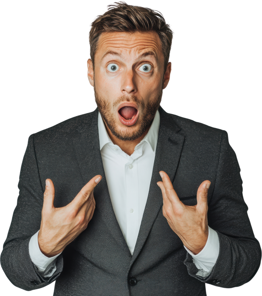 Shocked businessman with open mouth and hands in a gesture of surprise png