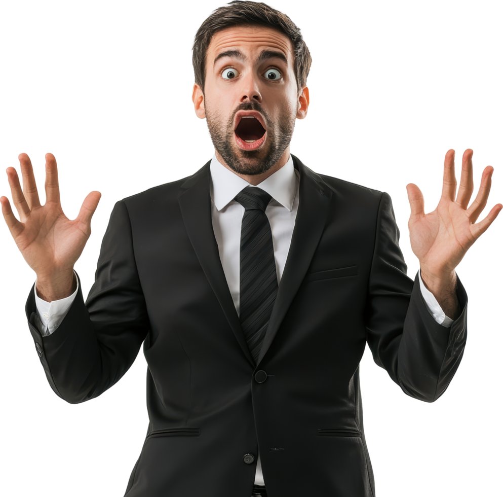 Shocked Businessman in Suit with Hands Up png