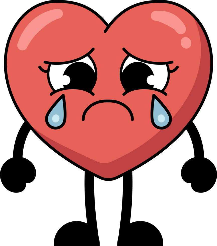 A heart shaped cartoon character is crying and sad expression. flat style illustration. png