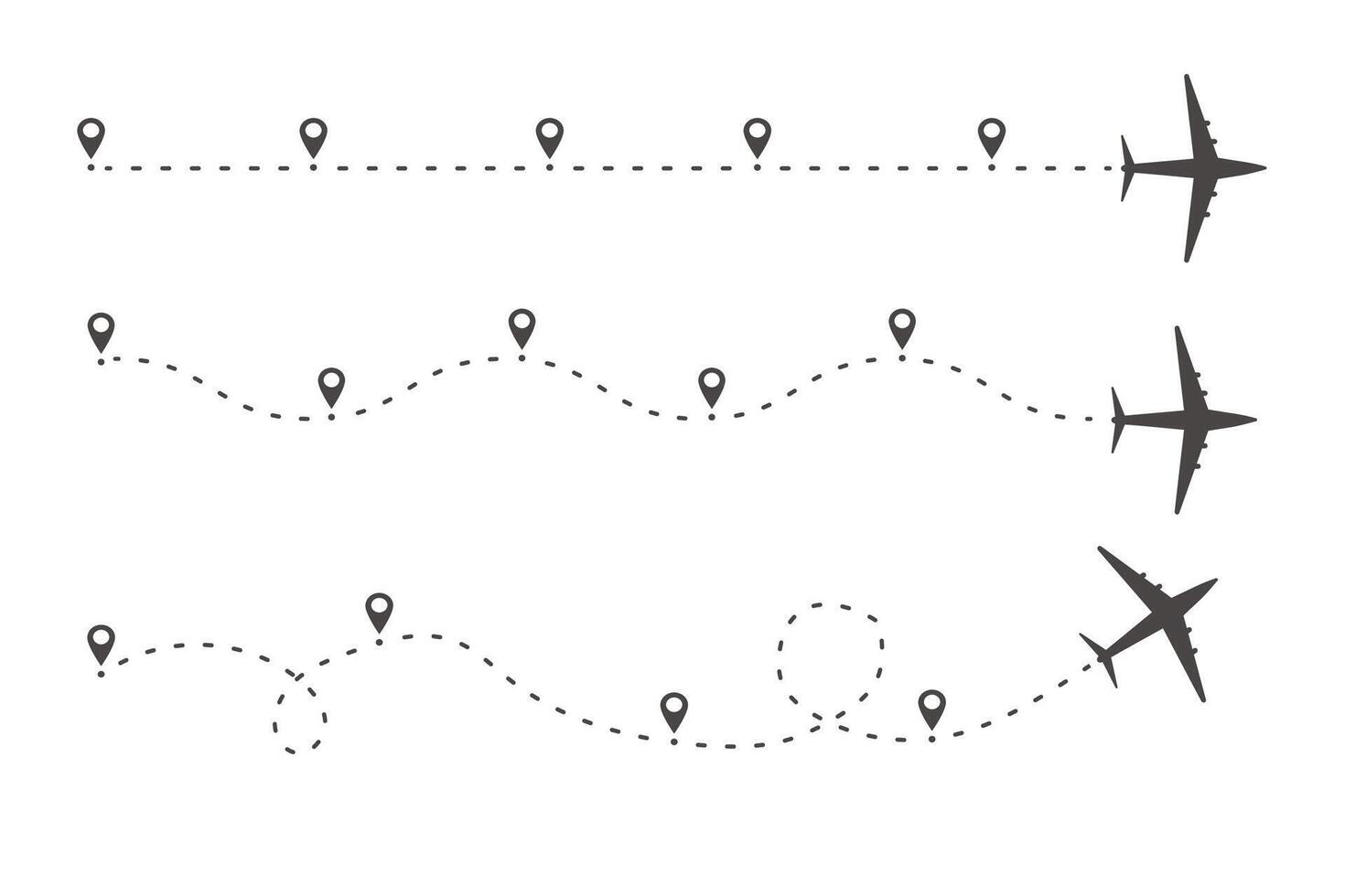 Plane timeine trail dashed line with pin. Infographic destination work process template. Airplane icons, roadmap infographic and travel path routes with location vector
