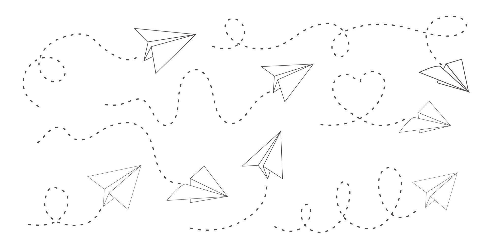 Paper plane dashed line doodle sketch style drawing. Path way, follow idea. Business or travel design element. Paper aeroplane vector