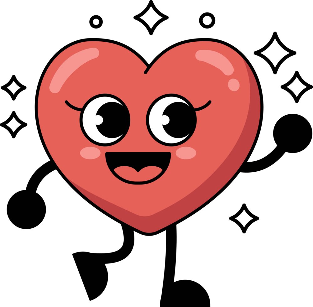 A heart shaped cartoon character is smiling, happy expression. flat style illustration. png