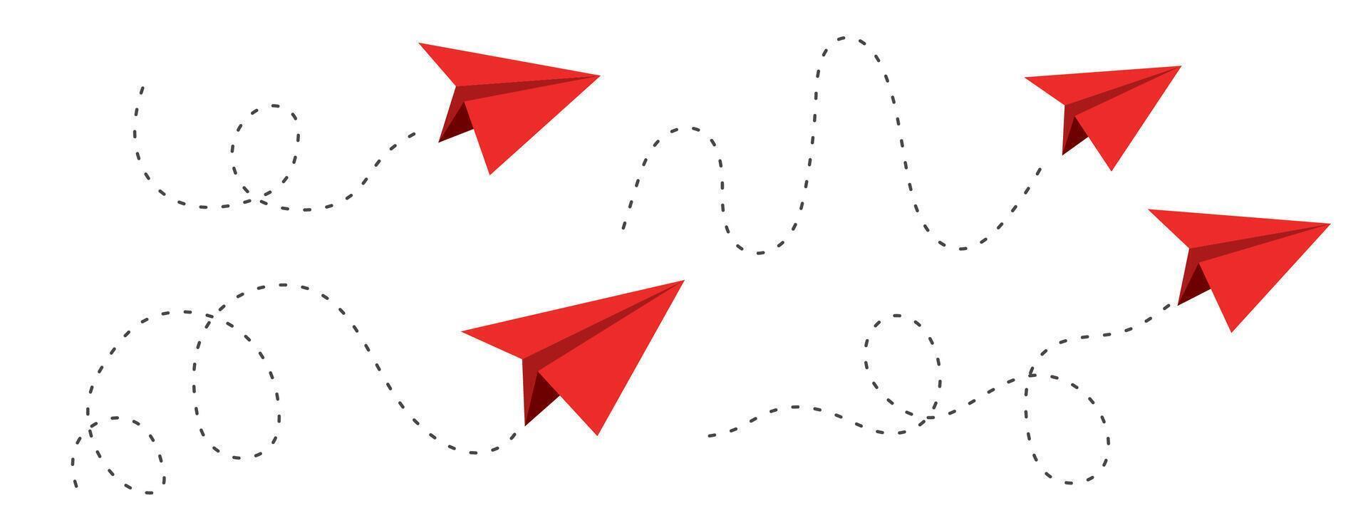 Paper plane red dashed line doodle sketch style drawing. Path way, follow idea. Business or travel design element. Paper aeroplane vector