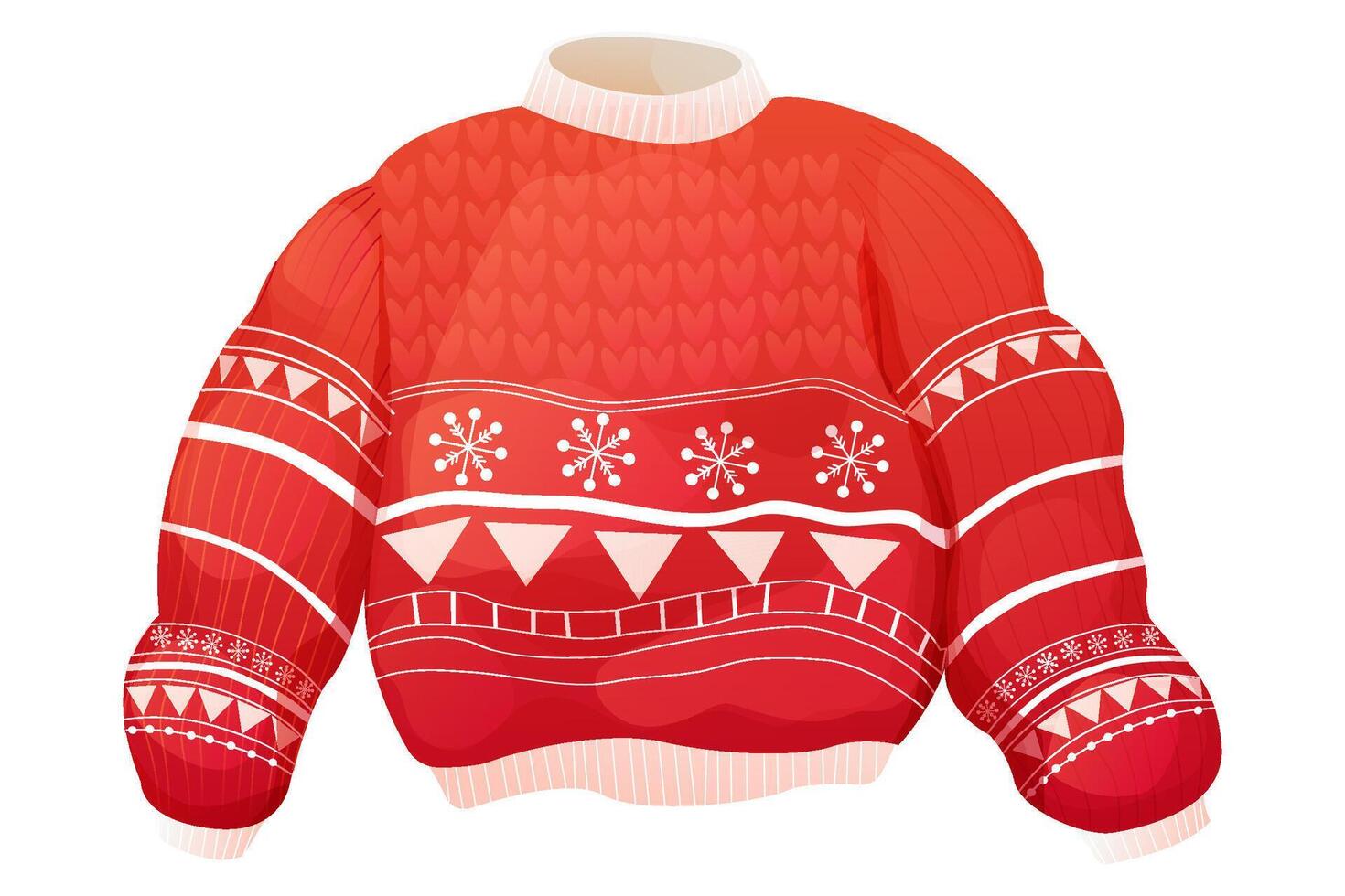 Cute winter warm knitted red sweater. Christmas sweater with festive winter ornament. Nordic jumper retro. vector