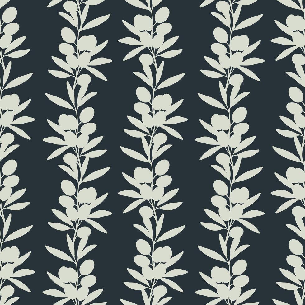 Olives vertical ornament silhouettes on dark background pattern, branch with fruits and leaves. vector