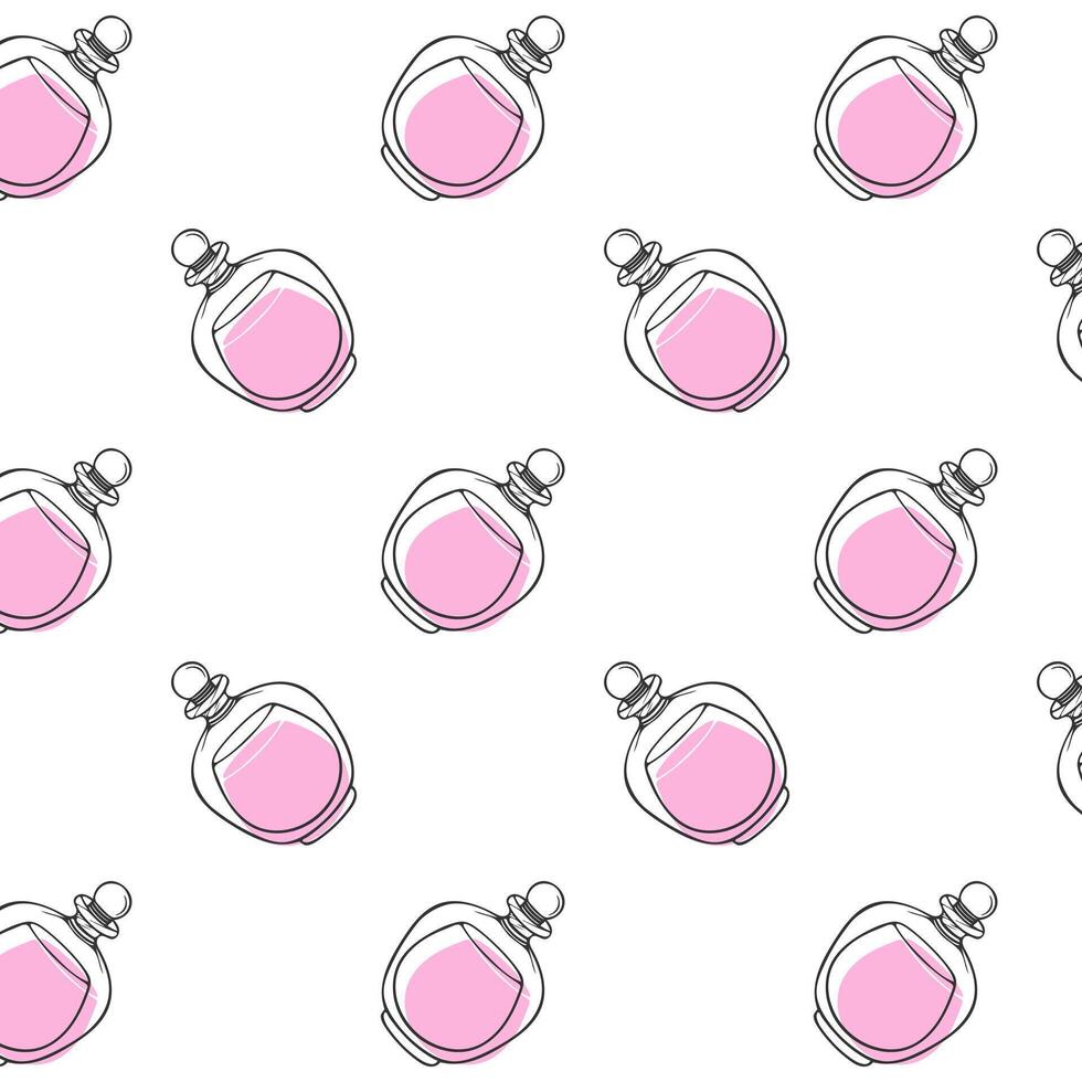 Perfume pink bottles doodle pattern, in minimalist style featuring line art. vector