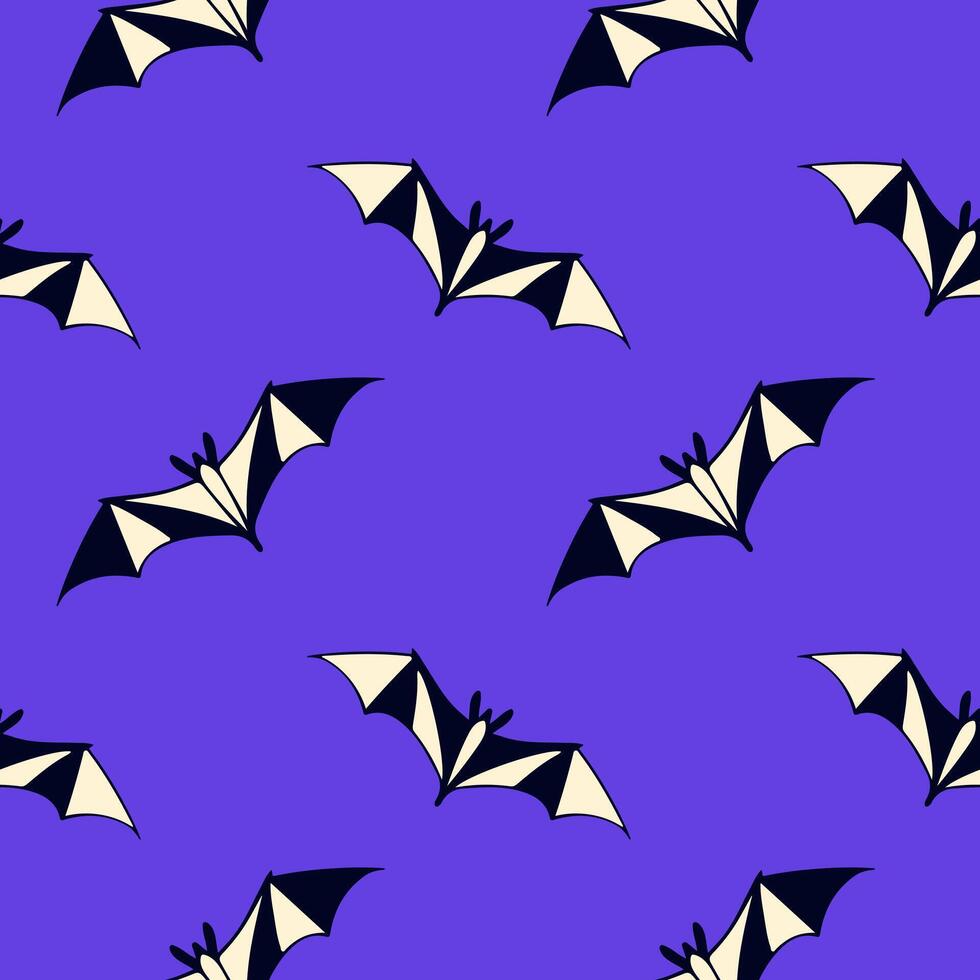 Pattern with Halloween striped bat on purple background. vector