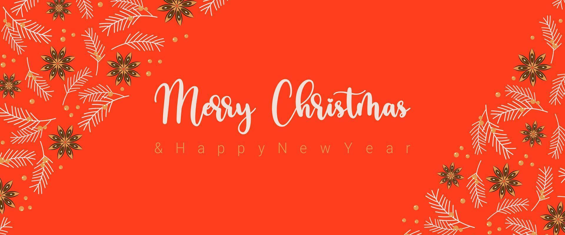 Merry Christmas and Happy New Year greeting red banner. Modern beautiful Christmas design with typography and Christmas attern made of anise, twigs pine and berries. vector