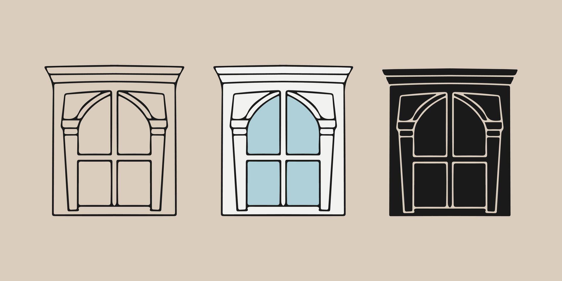 Set windows with decorative stone frames, showcasing classic architectural design in architecture. Outline, silhouette and color drawing. vector