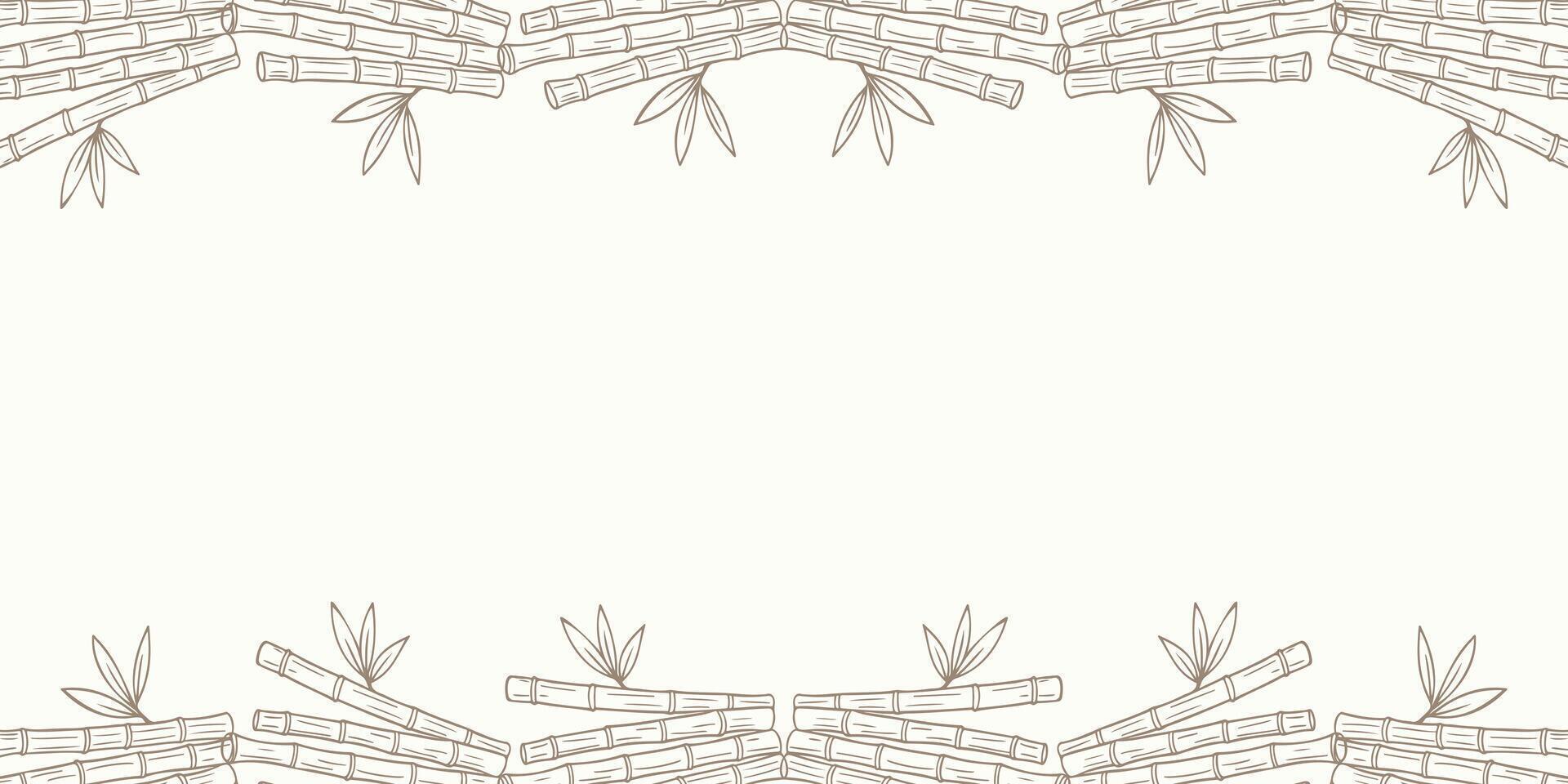 Bamboo contour frame, horizontal banner with brown sticks and leaf shoots, hand drawn bamboo doodles on beige background. vector