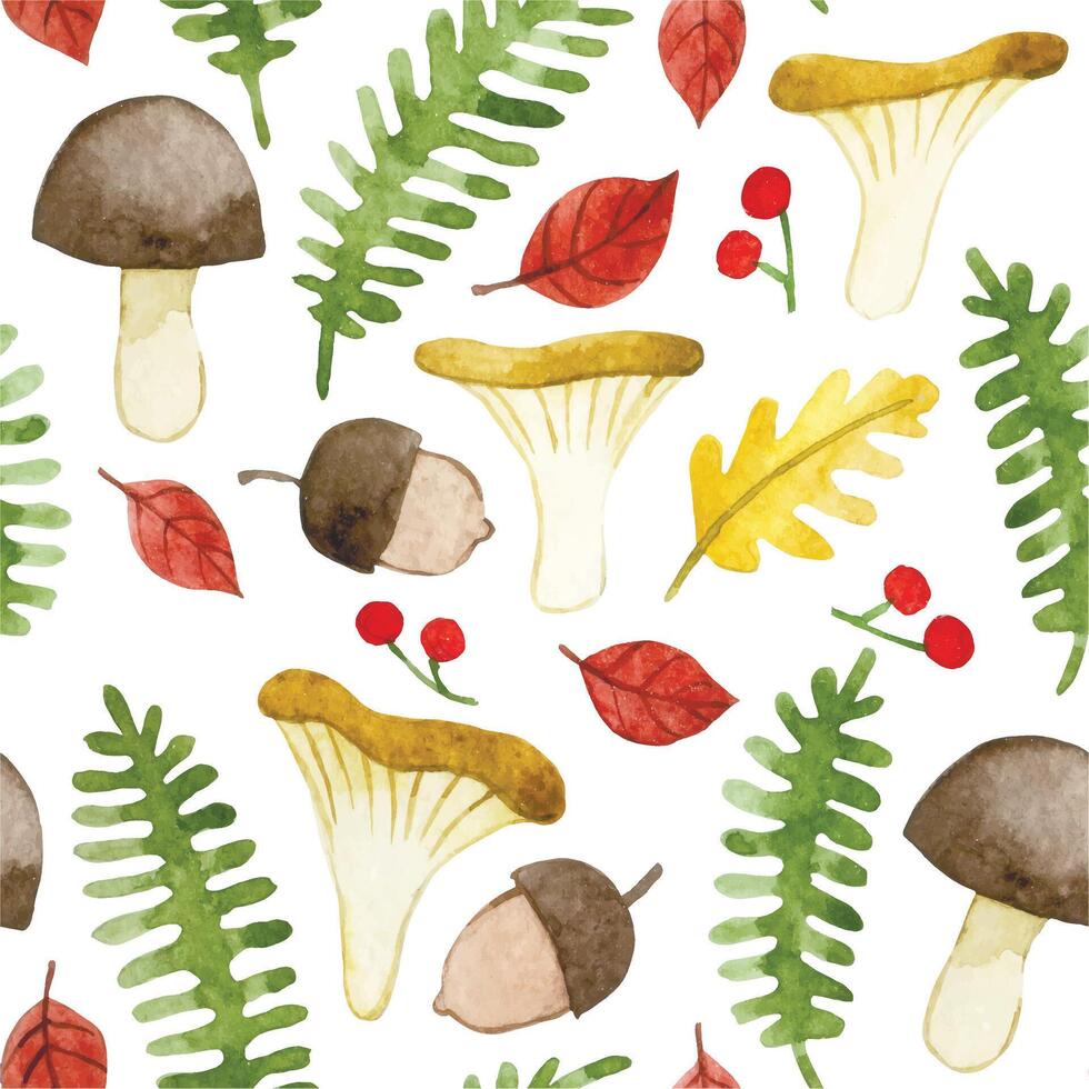watercolor seamless pattern with forest plants and mushrooms. cute autumn print, cartoon vector
