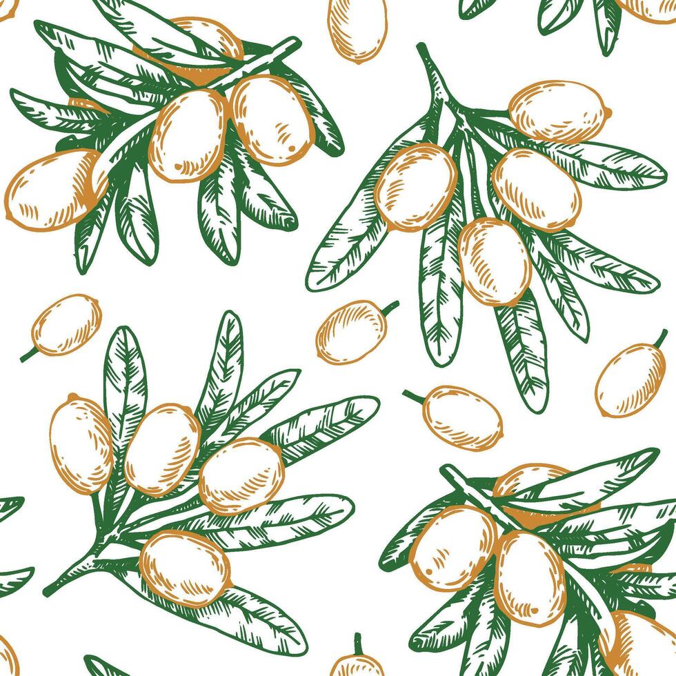 seamless pattern with sea buckthorn berries. print in sketch style vector