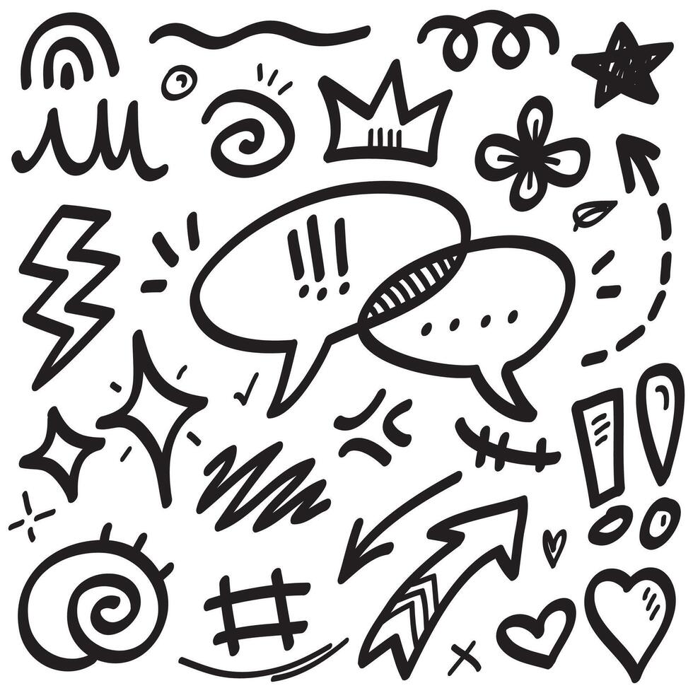 Doodle set of hand-drawn cartoony expression sign doodle, curve directional arrows, emoticon effects design elements, cartoon character emotion symbols, cute decorative brush stroke lines. vector