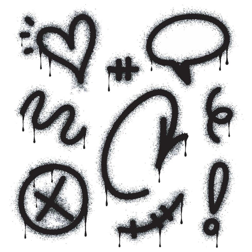 Graffiti drawing symbols set. Painted graffiti spray pattern of question mark, arrow, crown, star, fence and hand hitting. Spray paint elements. Street art style illustration. vector