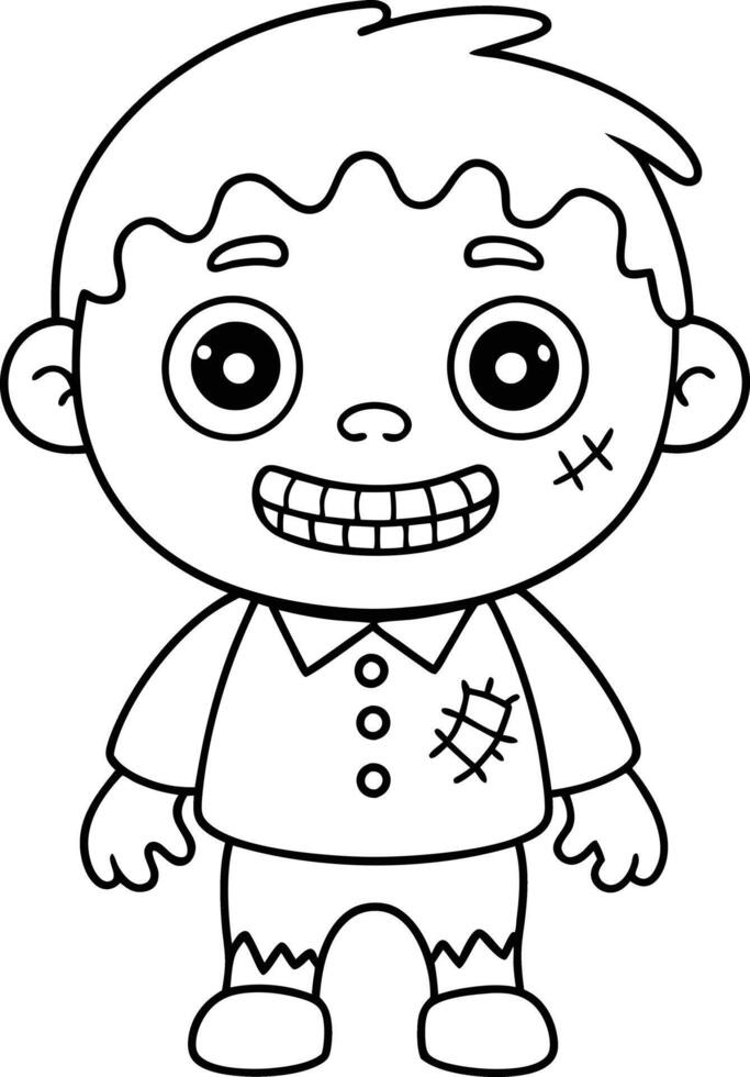 Cute Cartoon Zombie Character Coloring Page for Kids with Stitches and Ragged Clothes vector
