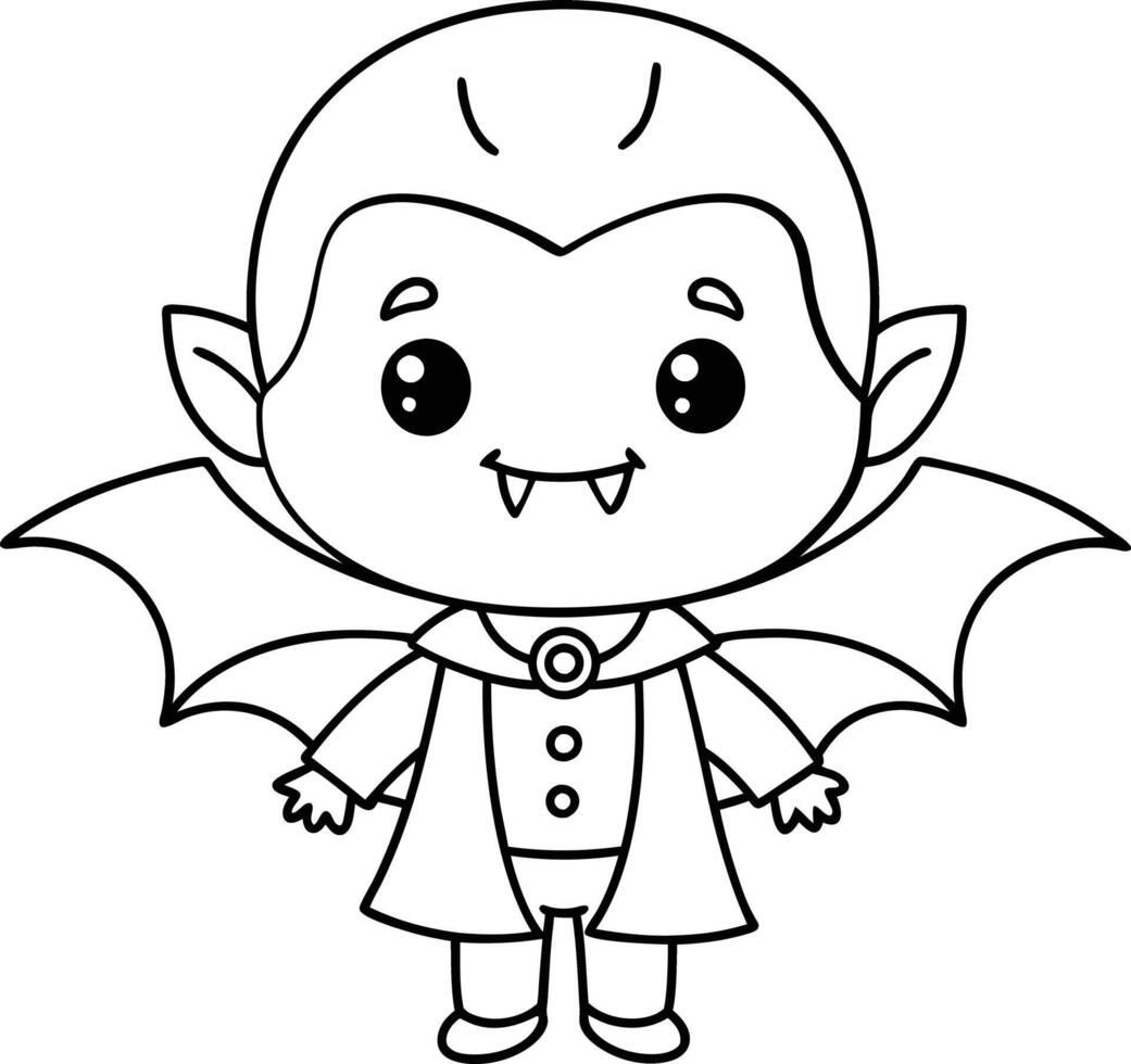 Cute Cartoon Vampire Character Coloring Page for Kids with Fangs and Bat Wings vector