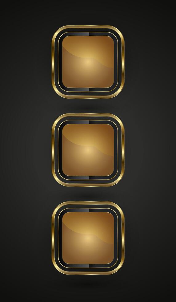 Three info icons of the rectangle has a rich, gradient gold tone. Set of three premium rectangle icons with smooth, a rounded edges of shapes symbols vector