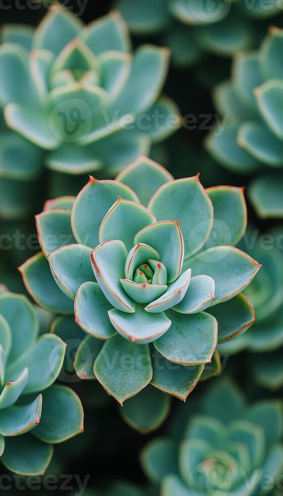 Close-up of a succulent with green leaves and red edges photo