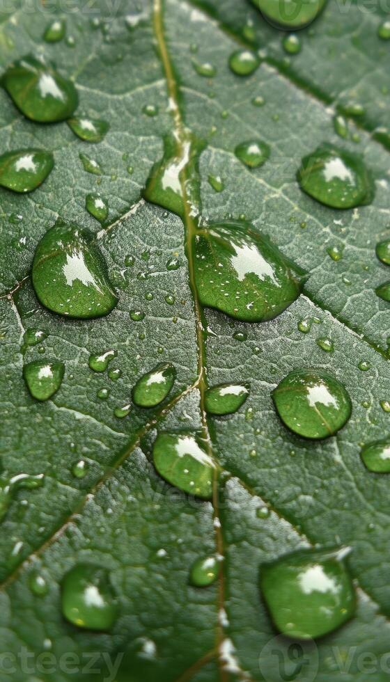 Close-up of Water Droplets on a Green Leaf photo